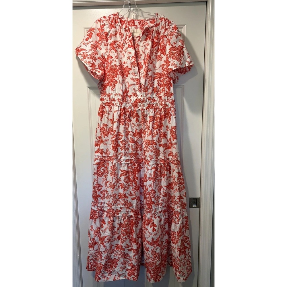 Anthropologie Somerset Maxi Dress Floral Bird Toile Red White Cotton 1X